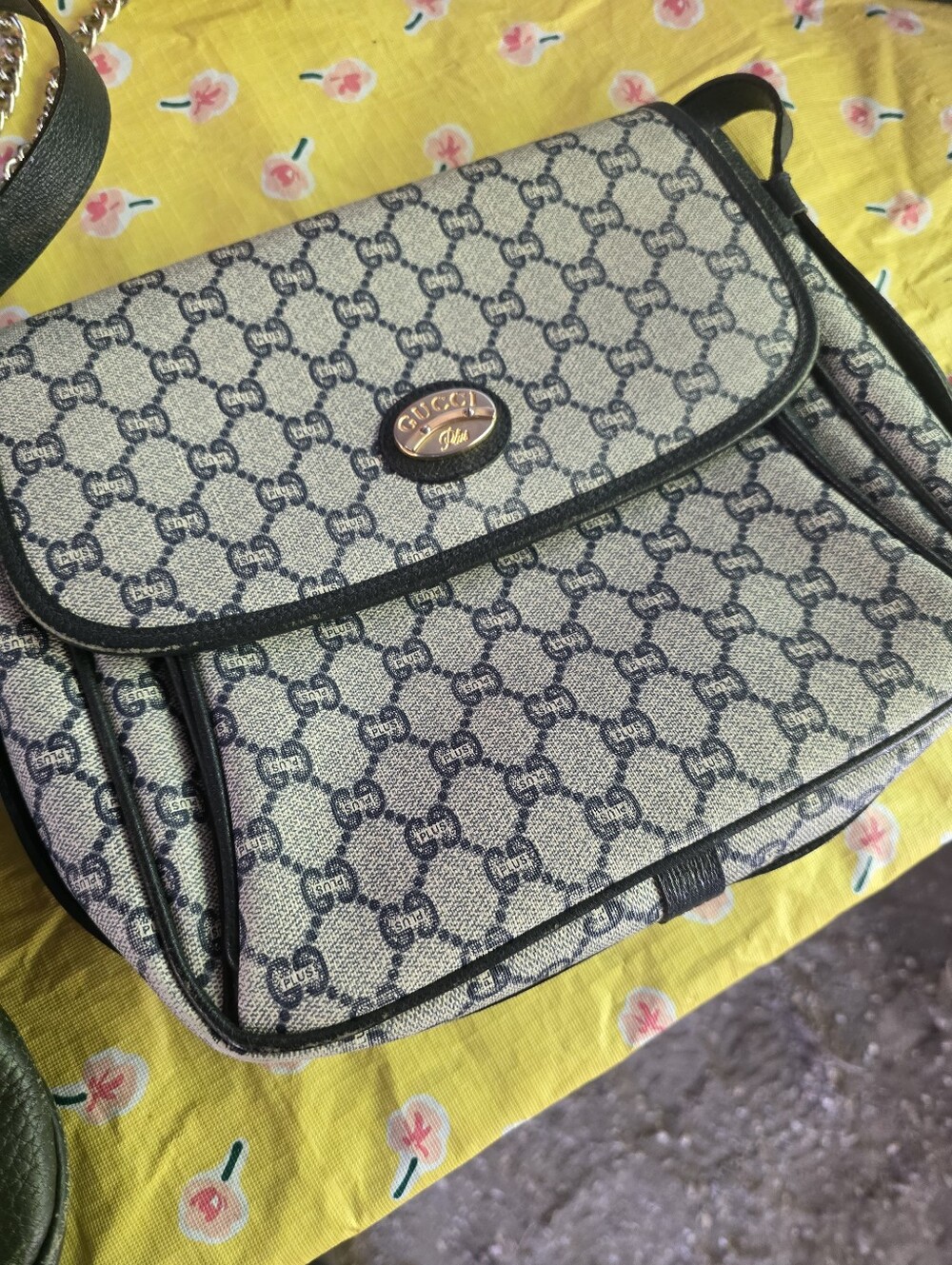 Vintage Gucci Plus  Beige and Navy Monogram Crossbody Bag